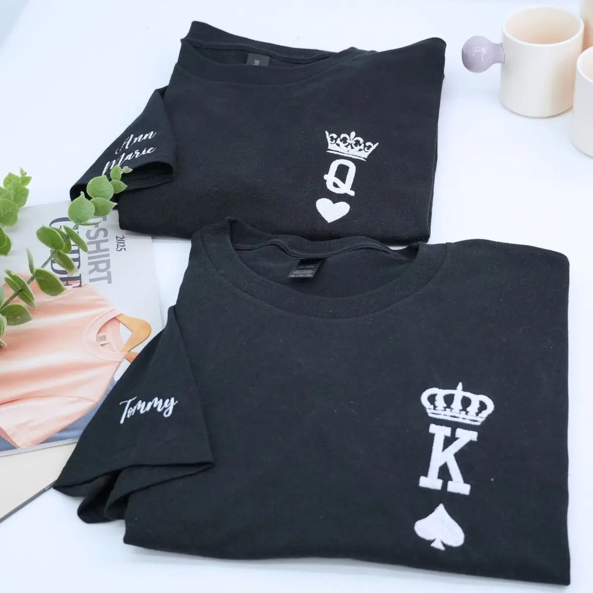 Custom embroidered King and Queen couple shirts in black and white, perfect personalized gift for anniversary or Valentine’s Day