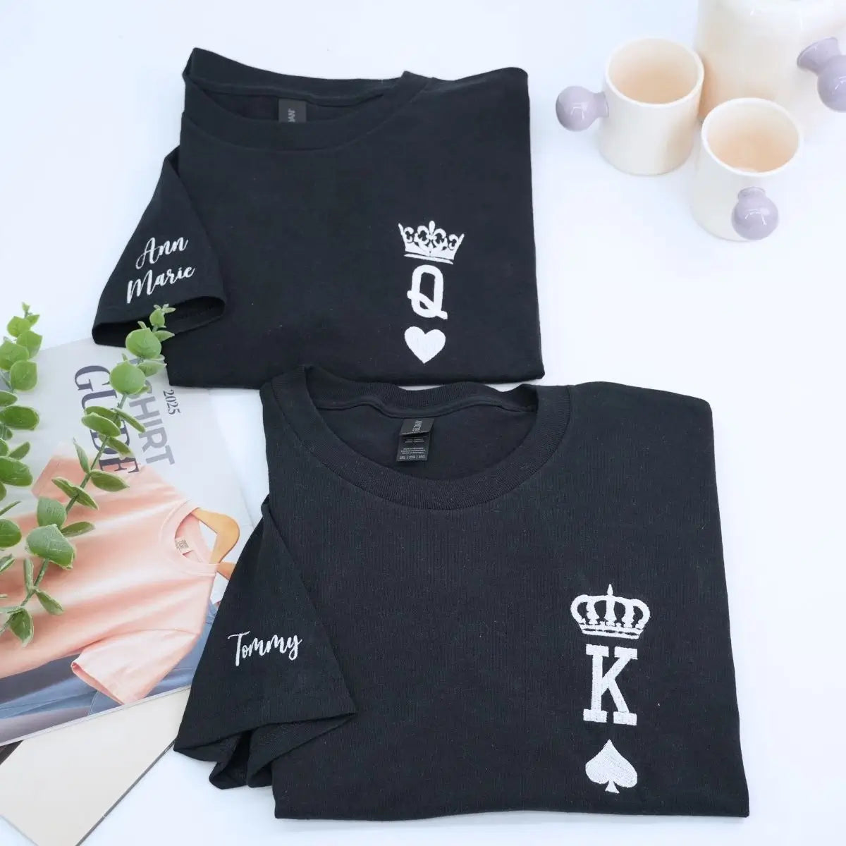 Custom embroidered King and Queen couple shirts in black and white, perfect personalized gift for anniversary or Valentine’s Day