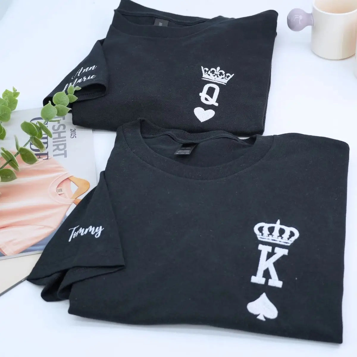 Custom embroidered King and Queen couple shirts in black and white, perfect personalized gift for anniversary or Valentine’s Day
