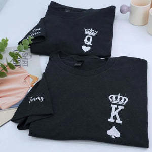 Custom embroidered King and Queen couple shirts in black and white, perfect personalized gift for anniversary or Valentine’s Day