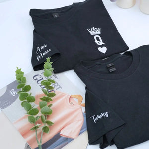 Custom embroidered King and Queen couple shirts in black and white, perfect personalized gift for anniversary or Valentine’s Day