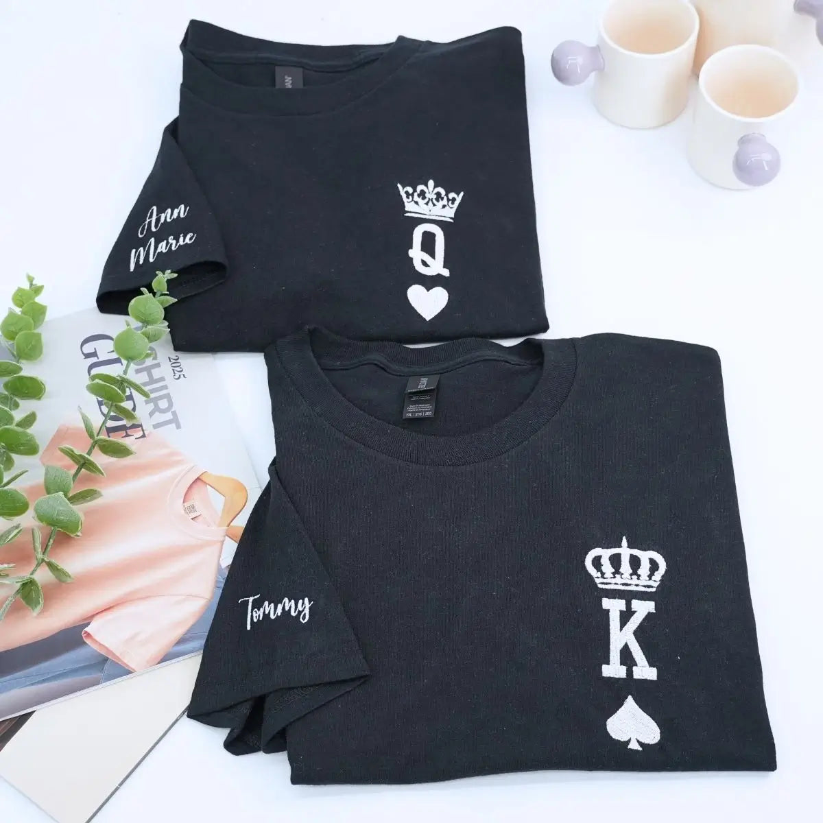 Custom embroidered King and Queen couple shirts in black and white, perfect personalized gift for anniversary or Valentine’s Day