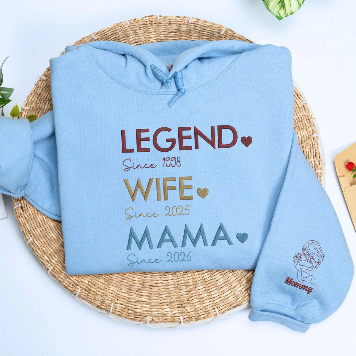 Custom embroidered mom sweatshirt with personalized family portrait design, meaningful Mother's Day gift for wife or new mom