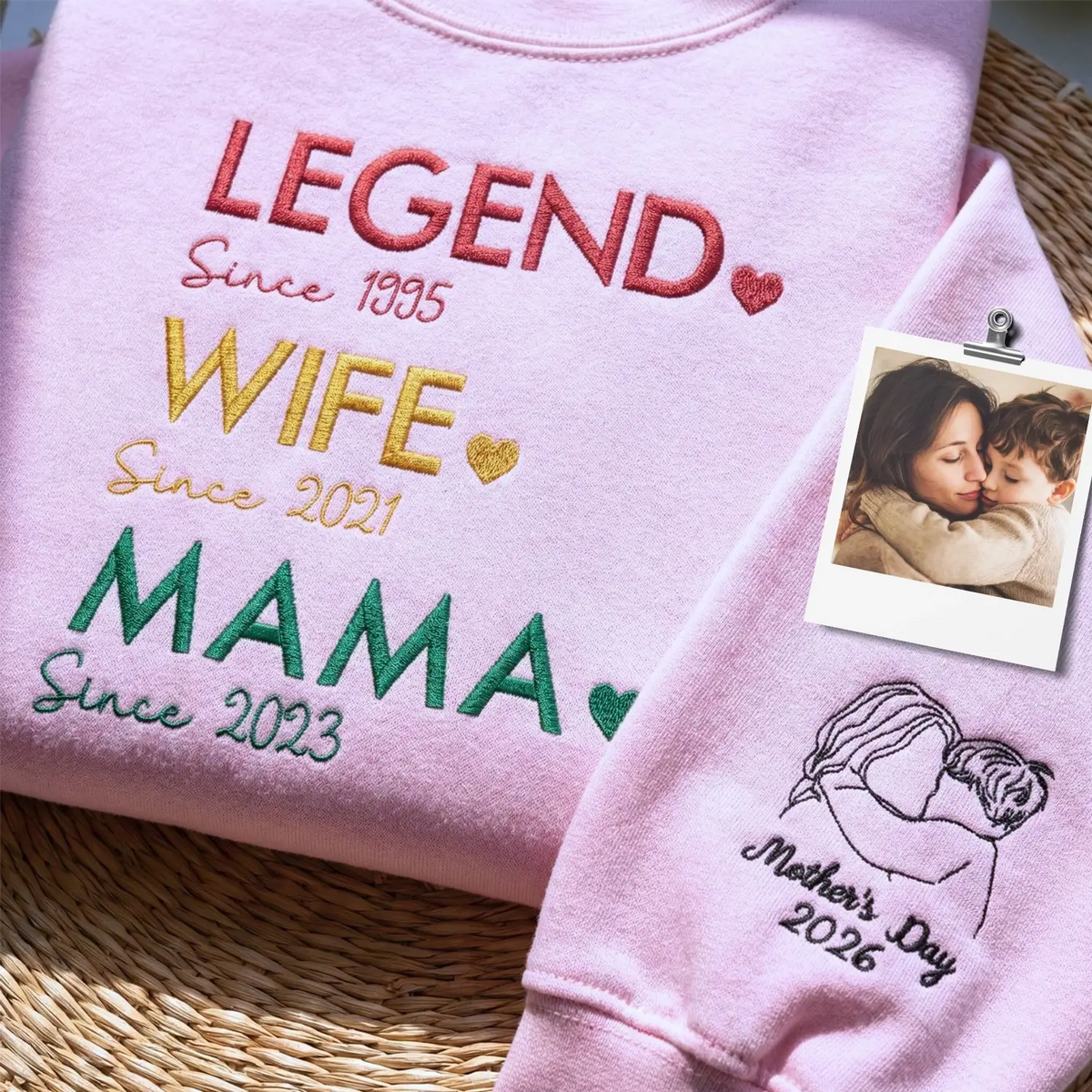 Custom embroidered mom sweatshirt with personalized family portrait design, meaningful Mother's Day gift for wife or new mom