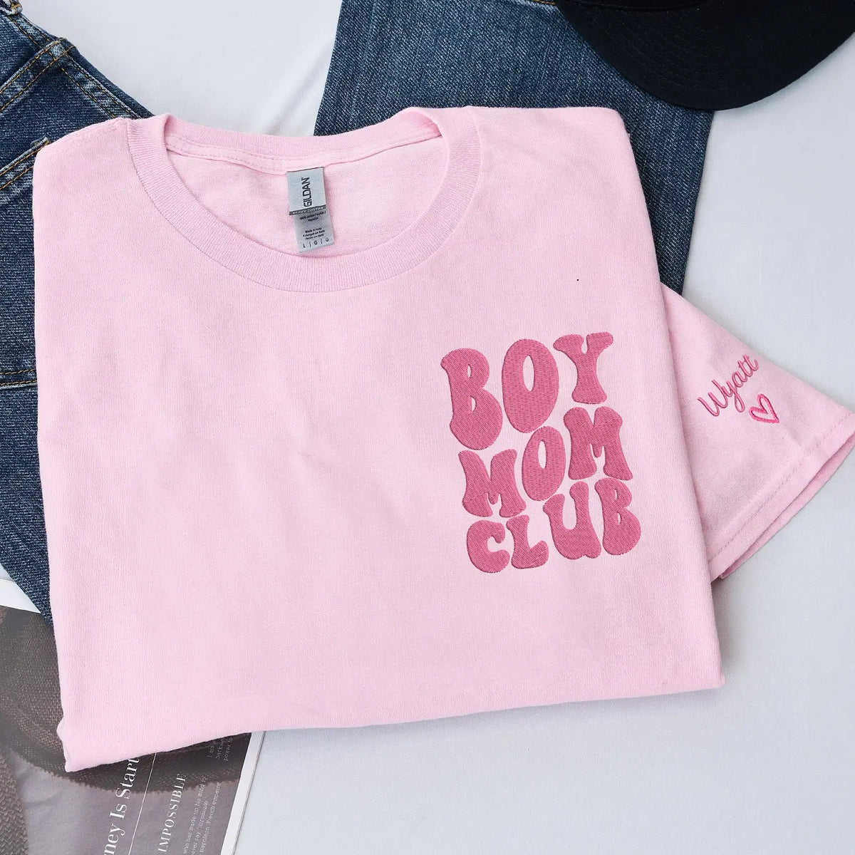 custom embroidered mama shirt with kids names on sleeve personalized gift for mom soft fabric minimal design