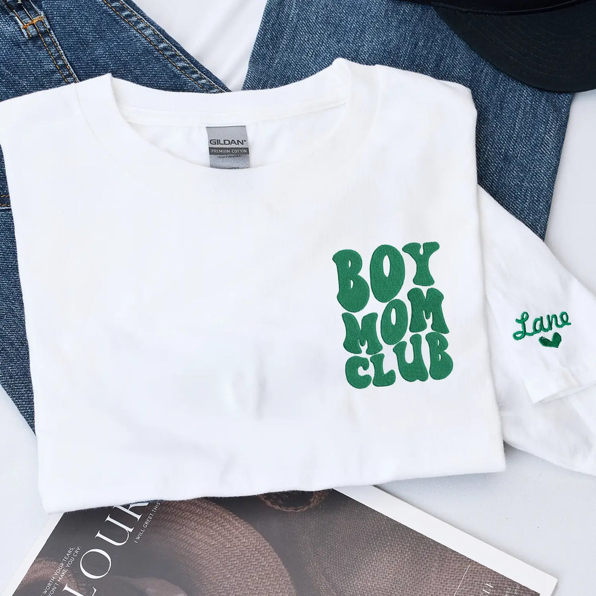 custom embroidered mama shirt with kids names on sleeve personalized gift for mom soft fabric minimal design