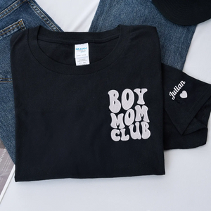 custom embroidered mama shirt with kids names on sleeve personalized gift for mom soft fabric minimal design