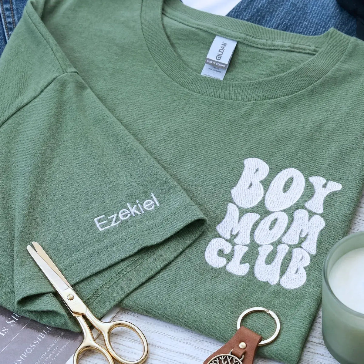 custom embroidered mama shirt with kids names on sleeve personalized gift for mom soft fabric minimal design