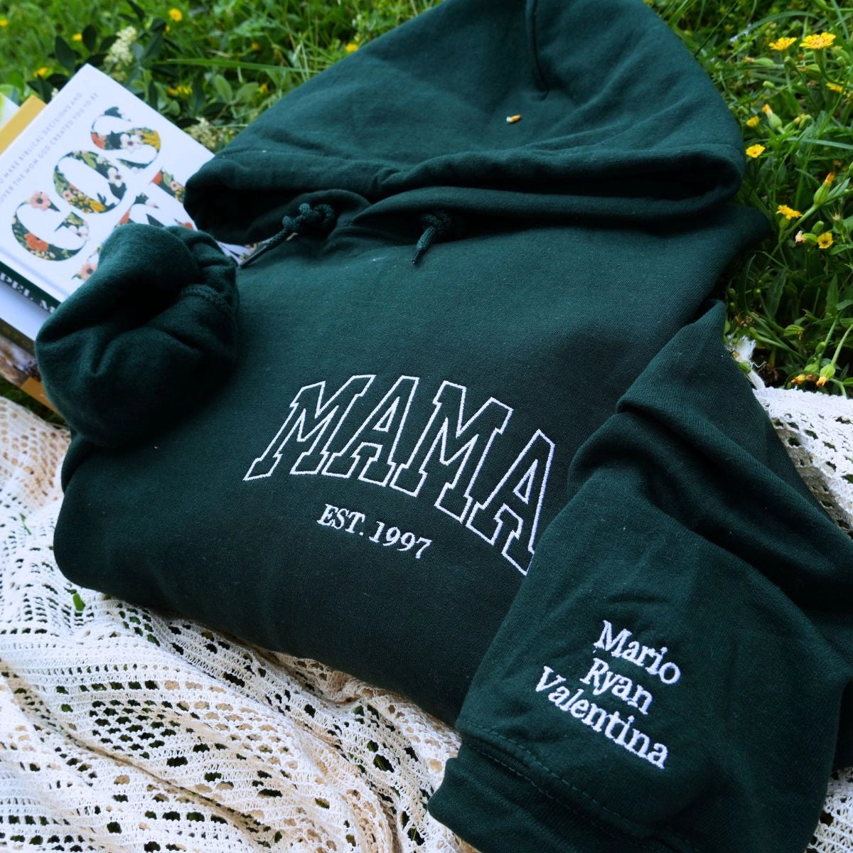 Custom Embroidered Mama Varsity Sweatshirt with EST year and Kids Names on Sleeve, Mother's Day Gift for Mom