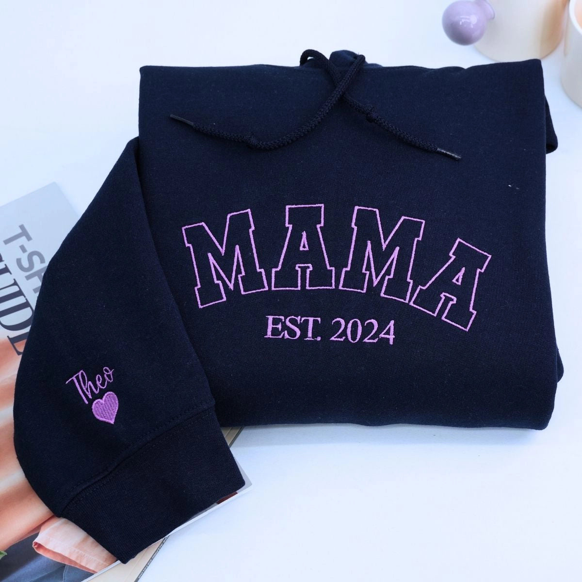 Custom Embroidered Mama Varsity Sweatshirt with EST year and Kids Names on Sleeve, Mother's Day Gift for Mom