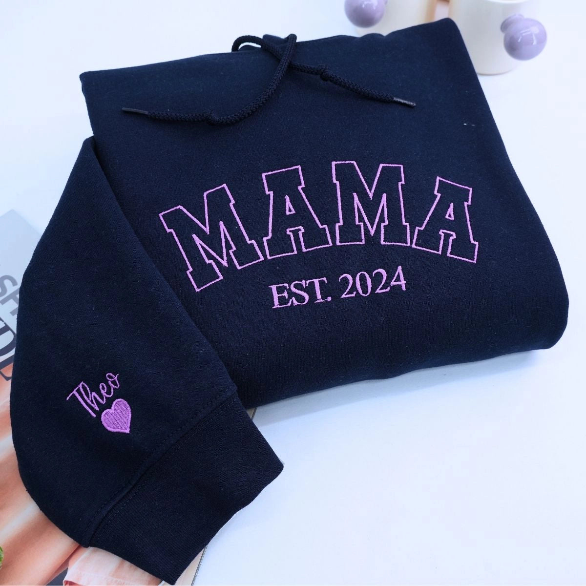 Custom Embroidered Mama Varsity Sweatshirt with EST year and Kids Names on Sleeve, Mother's Day Gift for Mom