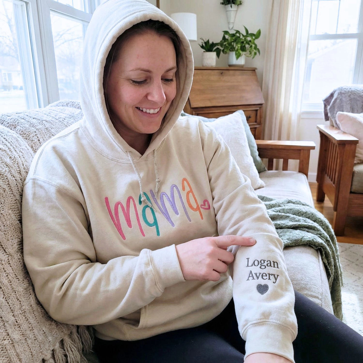custom mama sweatshirt with embroidered kids names on sleeve personalized mothers day gift