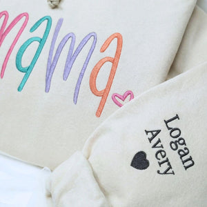 custom mama sweatshirt with embroidered kids names on sleeve personalized mothers day gift