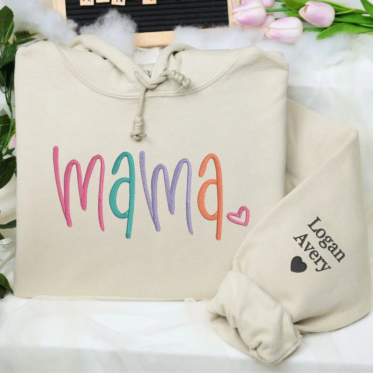 custom mama sweatshirt with embroidered kids names on sleeve personalized mothers day gift