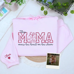 custom mom embroidered sweatshirt with kids photo portrait mama wears her heart on her sleeve design