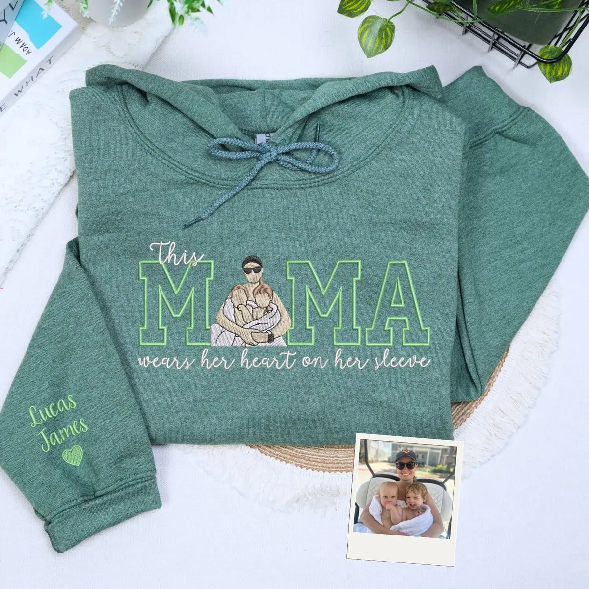 custom mom embroidered sweatshirt with kids photo portrait mama wears her heart on her sleeve design