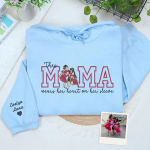 custom mom embroidered sweatshirt with kids photo portrait mama wears her heart on her sleeve design