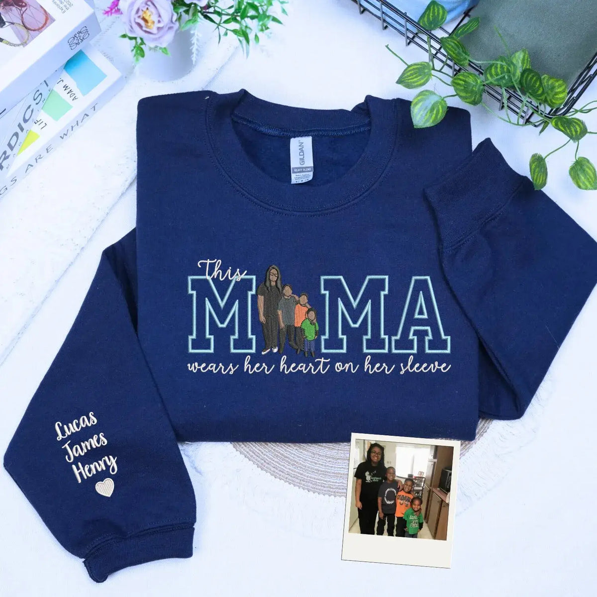 custom mom embroidered sweatshirt with kids photo portrait mama wears her heart on her sleeve design