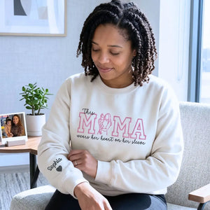 custom mom embroidered sweatshirt with kids photo portrait mama wears her heart on her sleeve design