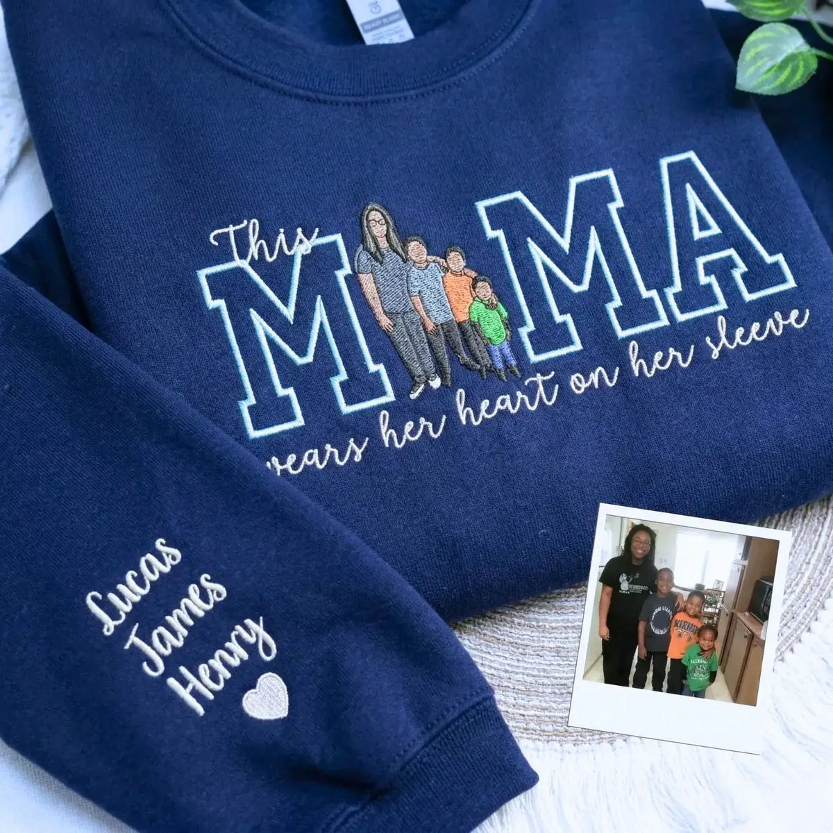 custom mom embroidered sweatshirt with kids photo portrait mama wears her heart on her sleeve design