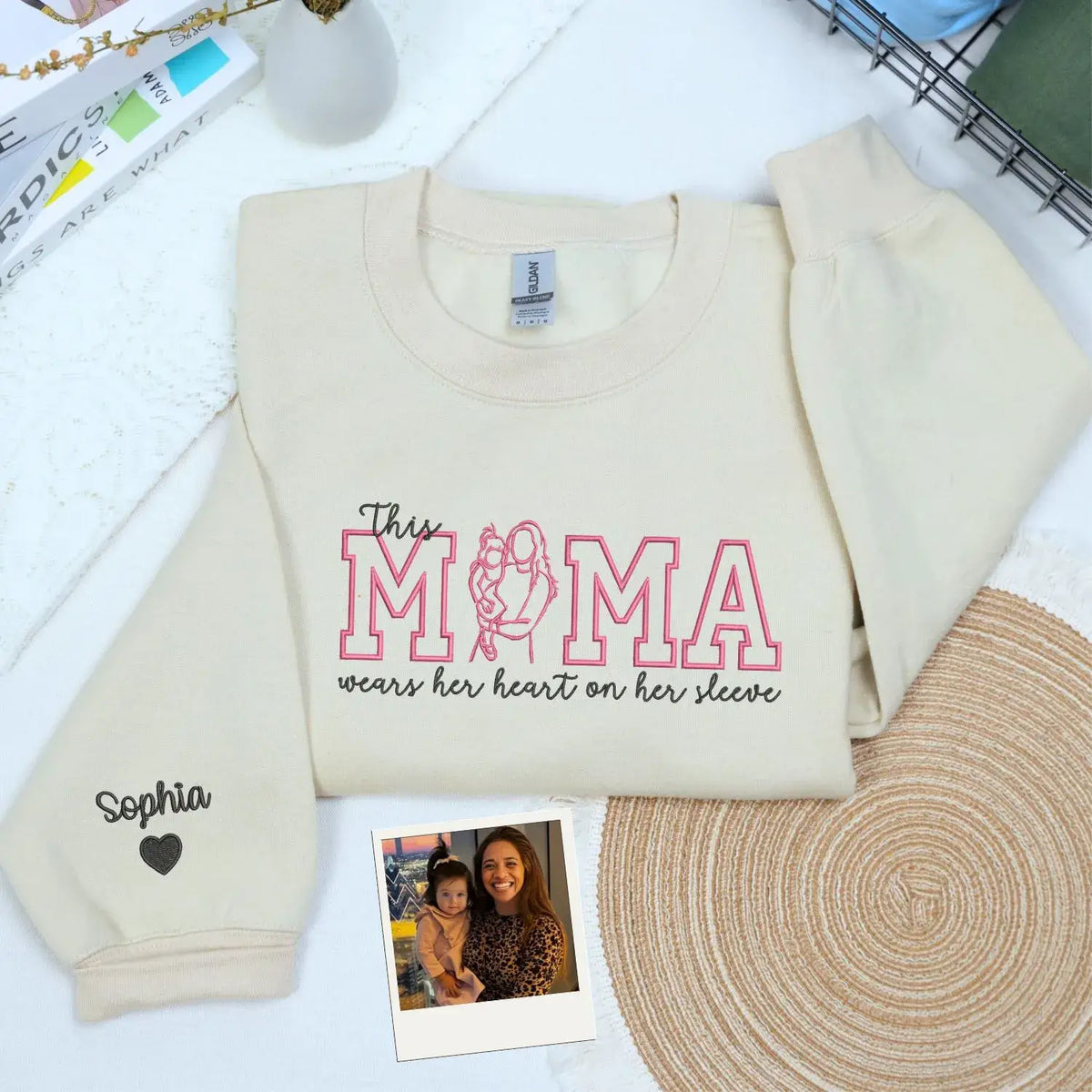 custom mom embroidered sweatshirt with kids photo portrait mama wears her heart on her sleeve design