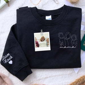 custom embroidered mama sweatshirt with personalized family line art portrait from photo