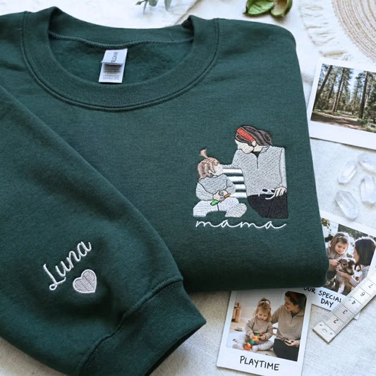 Custom embroidered mama photo portrait hoodie sweatshirt personalized Mother’s Day gift for mom wearing family design