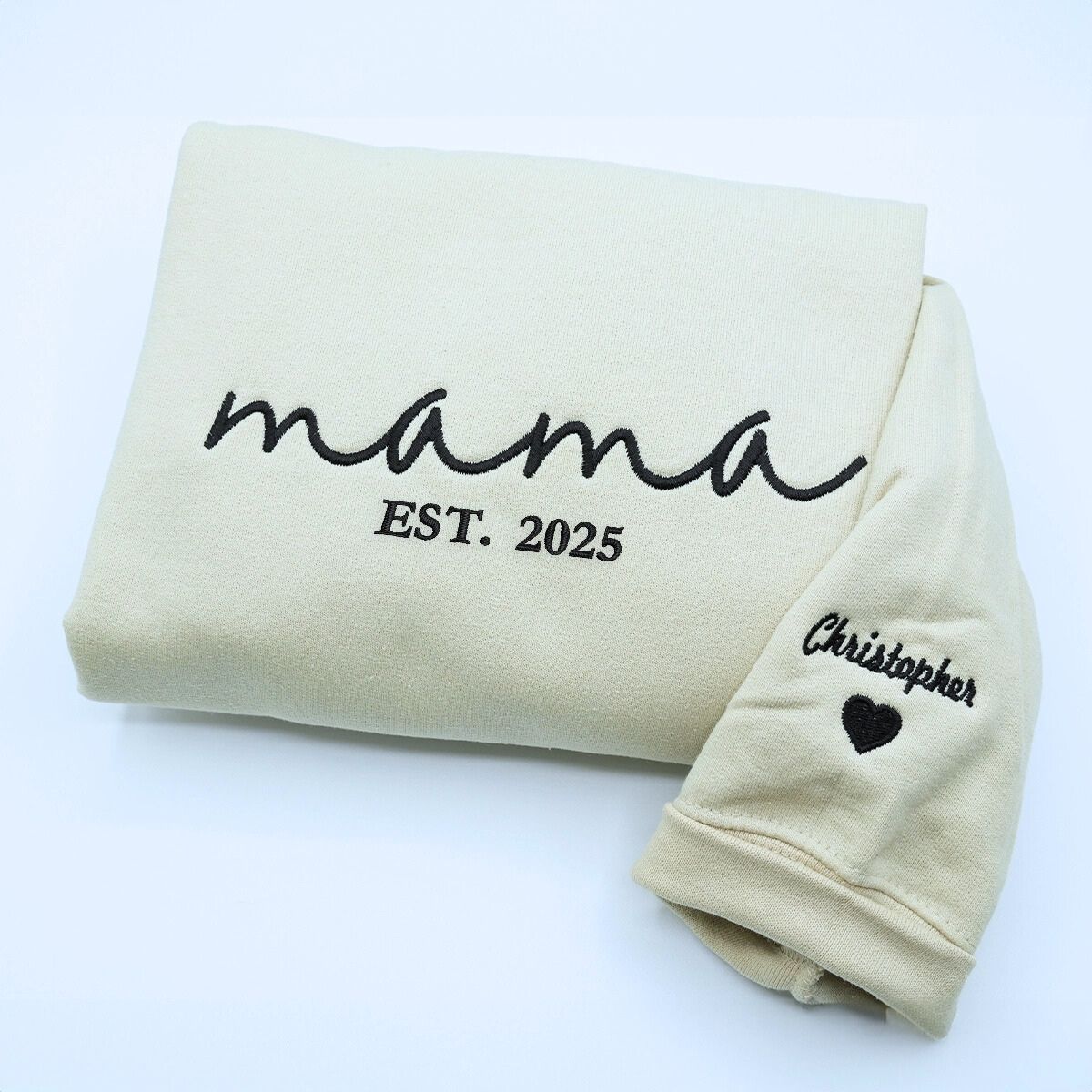 Personalized embroidered mama sweatshirt with custom name on sleeve, perfect Mother’s Day gift