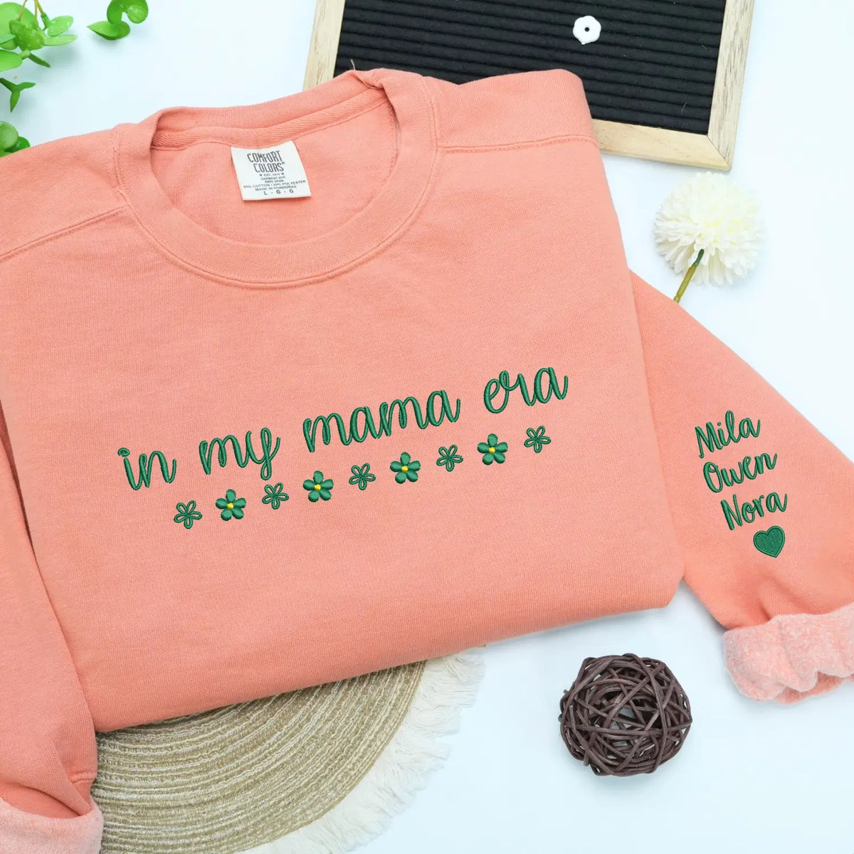 Custom embroidered In My Mama Era sweatshirt with kids names stitched on sleeve personalized gift for new moms