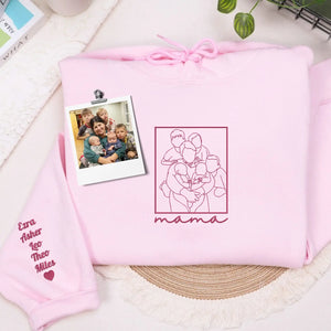 custom embroidered mama sweatshirt with personalized family line art portrait from photo