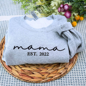 Personalized embroidered mama sweatshirt with custom name on sleeve, perfect Mother’s Day gift