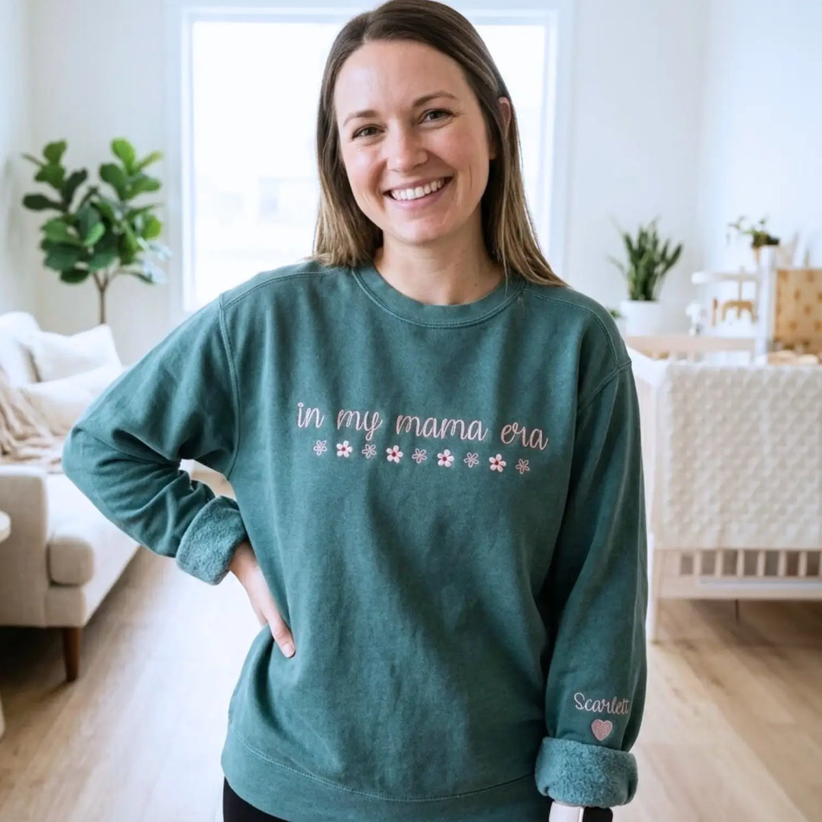 Custom embroidered In My Mama Era sweatshirt with kids names stitched on sleeve personalized gift for new moms