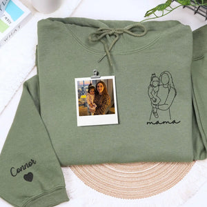 custom embroidered mama sweatshirt with personalized family line art portrait from photo