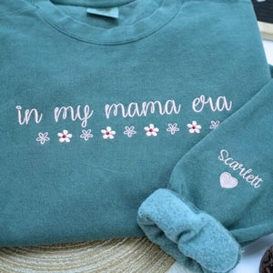 Custom embroidered In My Mama Era sweatshirt with kids names stitched on sleeve personalized gift for new moms