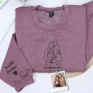 custom embroidered mama sweatshirt with personalized family line art portrait from photo