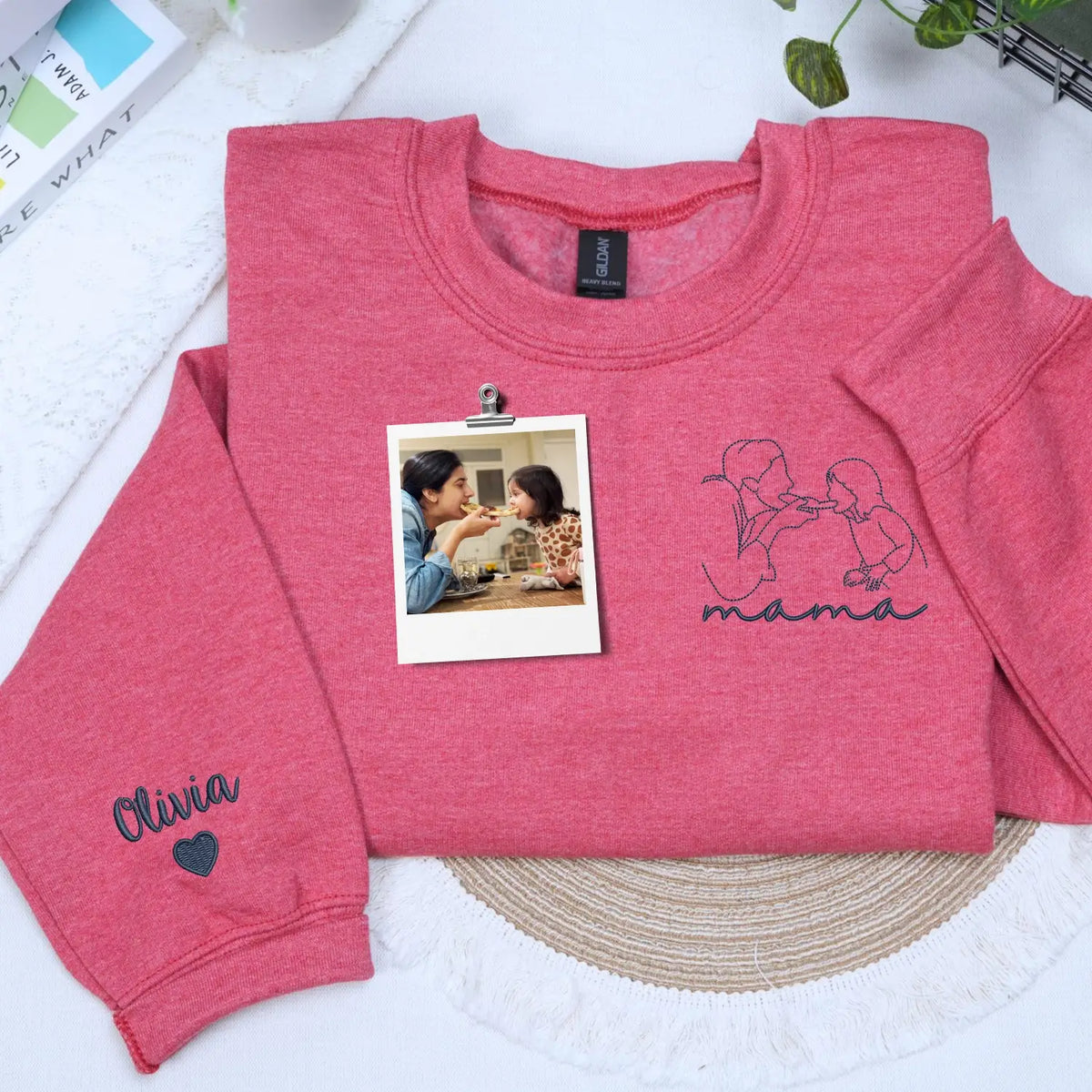 custom embroidered mama sweatshirt with personalized family line art portrait from photo
