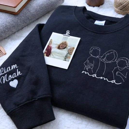 custom embroidered mama sweatshirt with personalized family line art portrait from photo