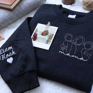 custom embroidered mama sweatshirt with personalized family line art portrait from photo