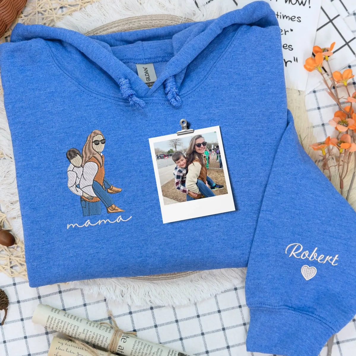 Custom embroidered mama photo portrait hoodie sweatshirt personalized Mother’s Day gift for mom wearing family design