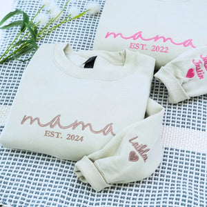 Personalized embroidered mama sweatshirt with custom name on sleeve, perfect Mother’s Day gift