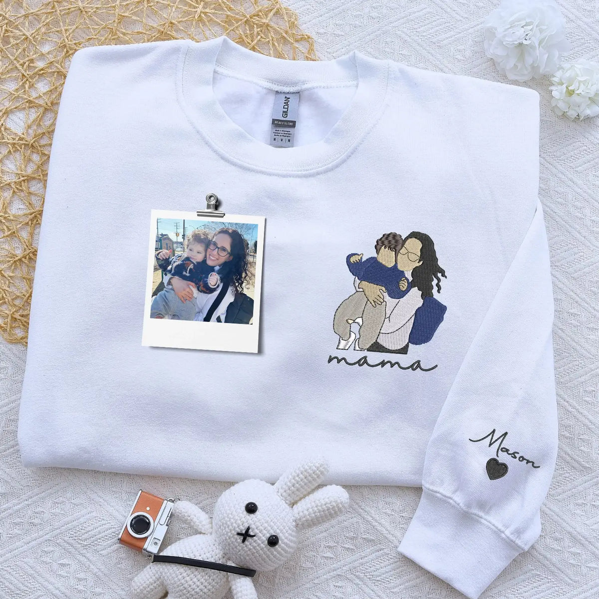 Custom embroidered mama photo portrait hoodie sweatshirt personalized Mother’s Day gift for mom wearing family design