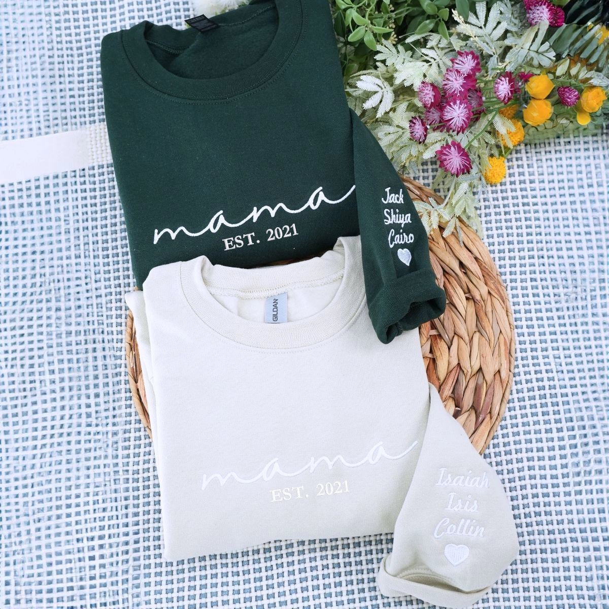 Personalized embroidered mama sweatshirt with custom name on sleeve, perfect Mother’s Day gift