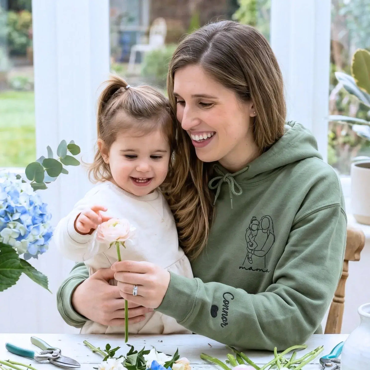 custom embroidered mama sweatshirt with personalized family line art portrait from photo