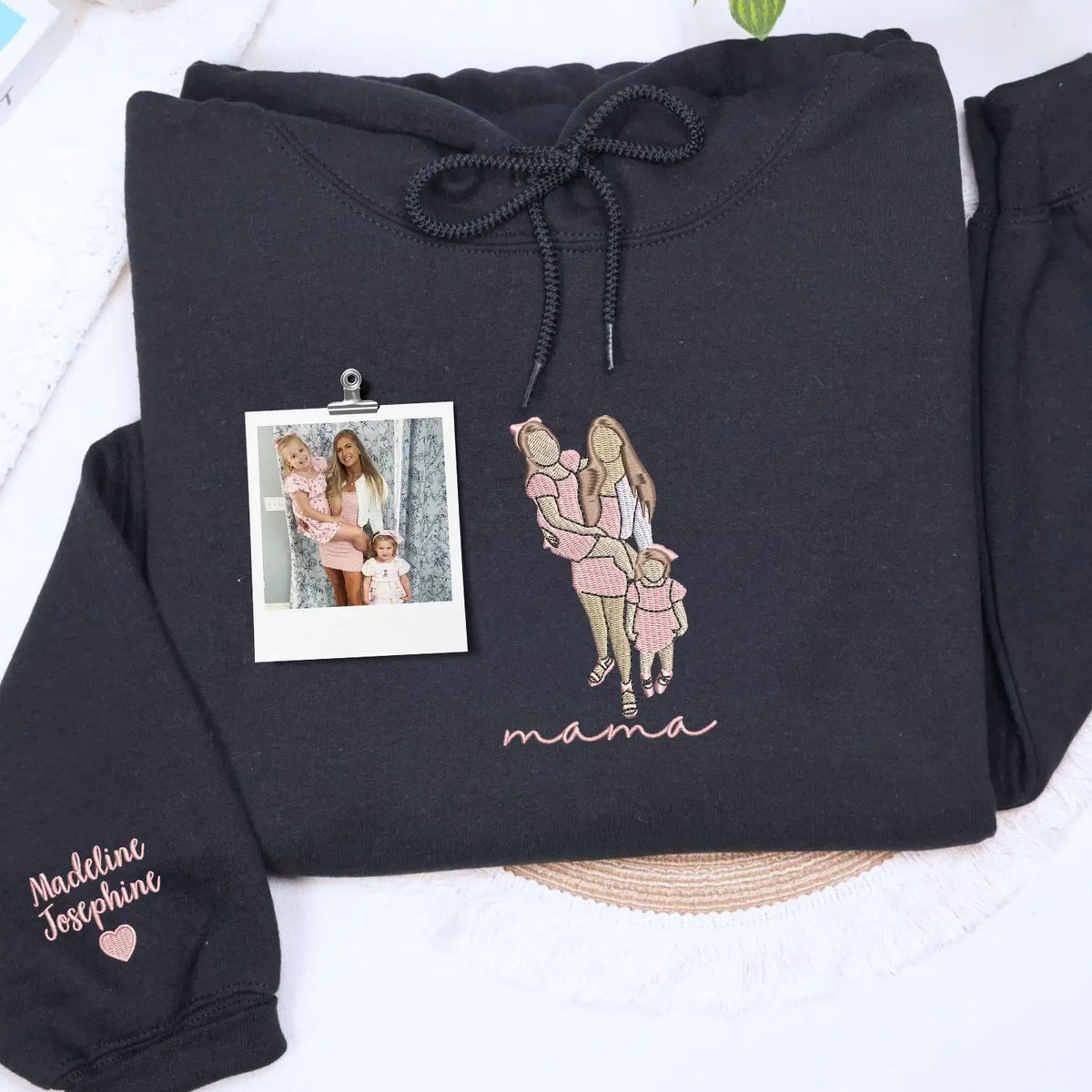 Custom embroidered mama photo portrait hoodie sweatshirt personalized Mother’s Day gift for mom wearing family design