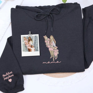 Custom embroidered mama photo portrait hoodie sweatshirt personalized Mother’s Day gift for mom wearing family design