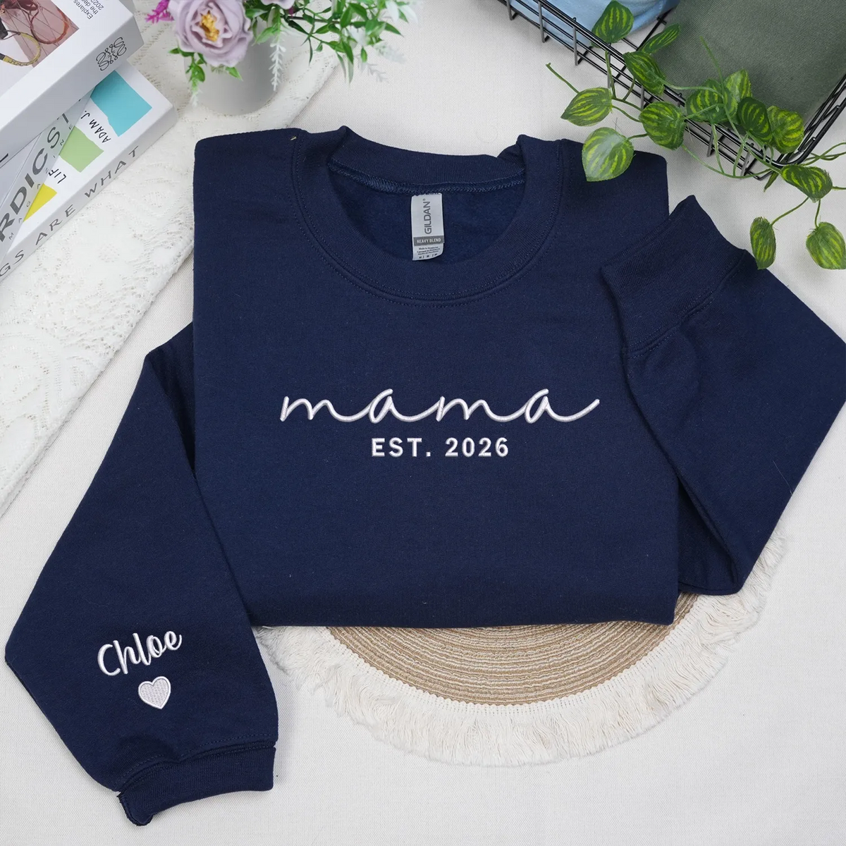 Mother’s Day Gift for Daughter - Custom Mama Embroidered Sweatshirt with Name on Sleeve