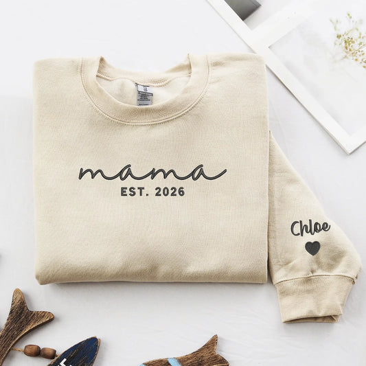 Mother’s Day Gift for Sister - Personalized Mama Embroidered Sweatshirt with EST Year, Kids Names on Sleeve