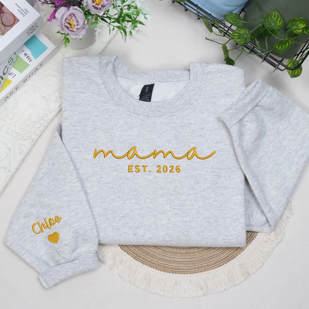 Mother’s Day Gift for Daughter - Custom Mama Embroidered Sweatshirt with Name on Sleeve