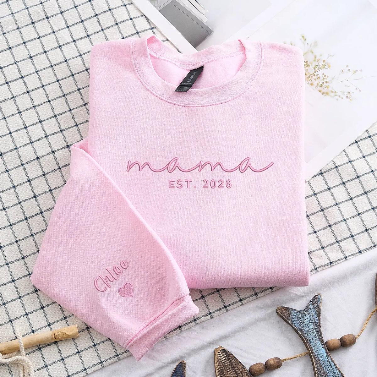 Mother’s Day Gift for Daughter - Custom Mama Embroidered Sweatshirt with Name on Sleeve