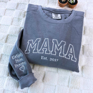 Custom Embroidered Mama Varsity Sweatshirt with EST year and Kids Names on Sleeve, Mother's Day Gift for Mom